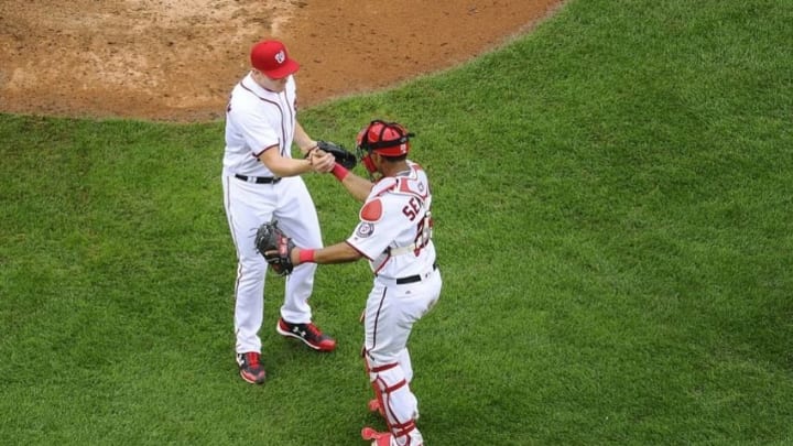 Sep 29, 2016; Washington, DC, USA; Washington Nationals relief pitcher Mark Melancon (43) is congratulated by catcher Pedro Severino (29) after earning a save against the Arizona Diamondbacks at Nationals Park. Mandatory Credit: Brad Mills-USA TODAY Sports