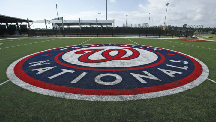 WEST PALM BEACH, FL - FEBRUARY 28: The Washington Nationals logo on one of the practice fields at The Ballpark of the Palm Beaches prior to a spring training game against the Houston Astros on February 28, 2017 in West Palm Beach, Florida. (Photo by Joel Auerbach/Getty Images)