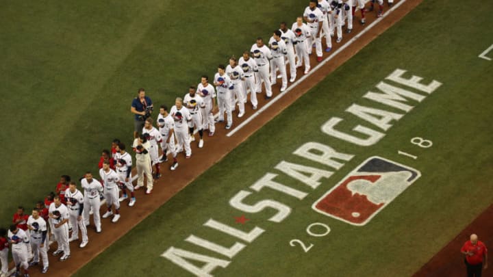 WASHINGTON, DC - JULY 17: Players line up for the national anthem prior the 89th MLB All-Star Game, presented by Mastercard at Nationals Park on July 17, 2018 in Washington, DC. (Photo by Win McNamee/Getty Images)