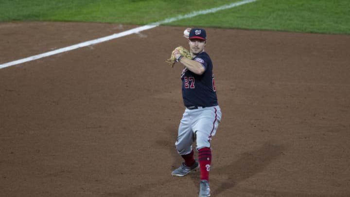 Brock Holt #27 of the Washington Nationals throws the ball to first base against the Philadelphia Phillies at Citizens Bank Park on September 2, 2020 in Philadelphia, Pennsylvania. The Phillies defeated the Nationals 3-0. (Photo by Mitchell Leff/Getty Images)