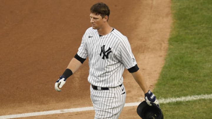DJ LeMahieu #26 of the New York Yankees looks on during the seventh inning against the Miami Marlins at Yankee Stadium on September 27, 2020 in the Bronx borough of New York City. (Photo by Sarah Stier/Getty Images)