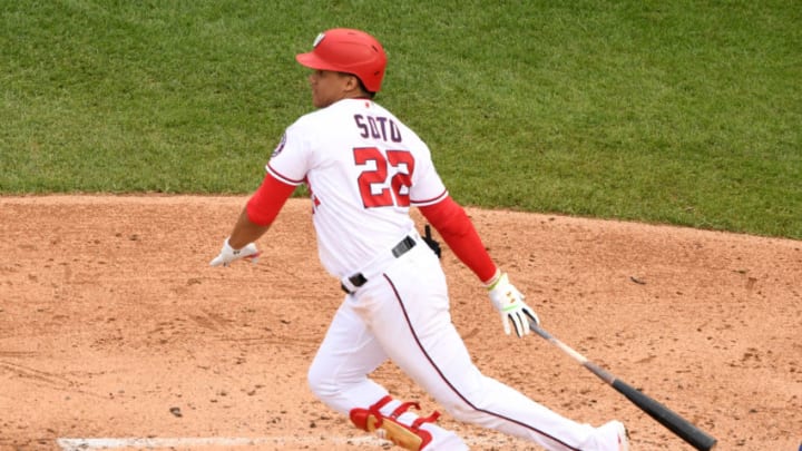 Juan Soto #22 of the Washington Nationals takes a swing during a baseball game against the New York Mets at Nationals Park on September 27, 2020 in Washington, DC. (Photo by Mitchell Layton/Getty Images)