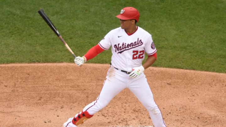 Juan Soto #22 of the Washington Nationals prepares for a pitch during a baseball game against the New York Mets at Nationals Park on September 27, 2020 in Washington, DC. (Photo by Mitchell Layton/Getty Images)