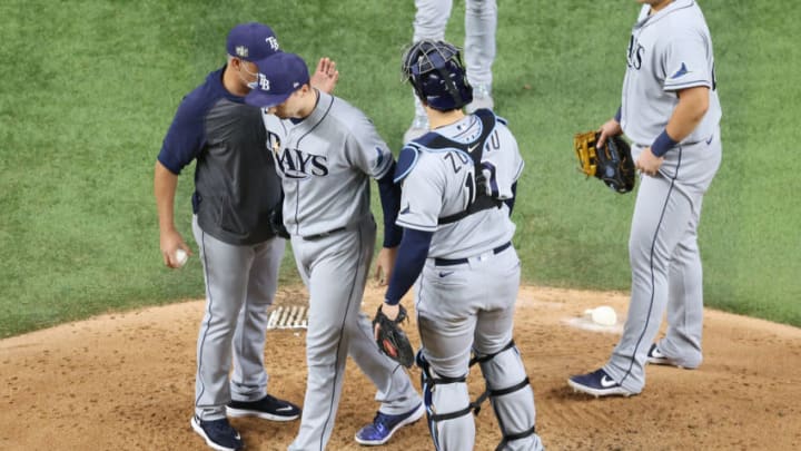 Blake Snell #4 of the Tampa Bay Rays is taken out of the game by manager Kevin Cash during the sixth inning against the Los Angeles Dodgers in Game Six of the 2020 MLB World Series at Globe Life Field on October 27, 2020 in Arlington, Texas. (Photo by Maxx Wolfson/Getty Images)