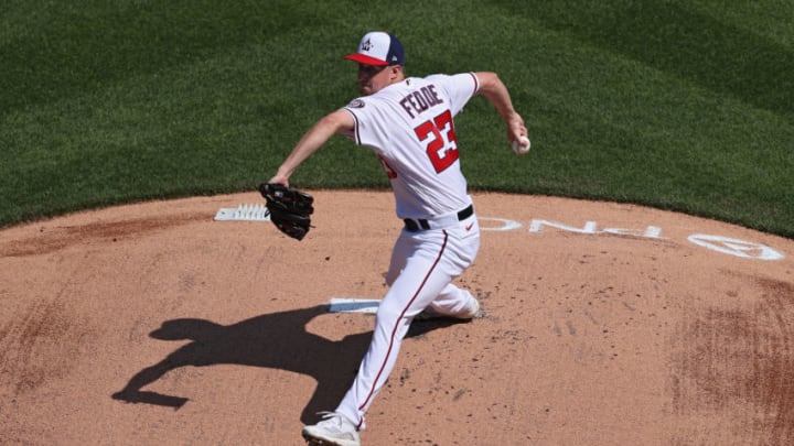 Starting pitcher Erick Fedde #23 of the Washington Nationals works the first inning against the Atlanta Braves in game one of a doubleheader at Nationals Park on April 7, 2021 in Washington, DC. (Photo by Patrick Smith/Getty Images)