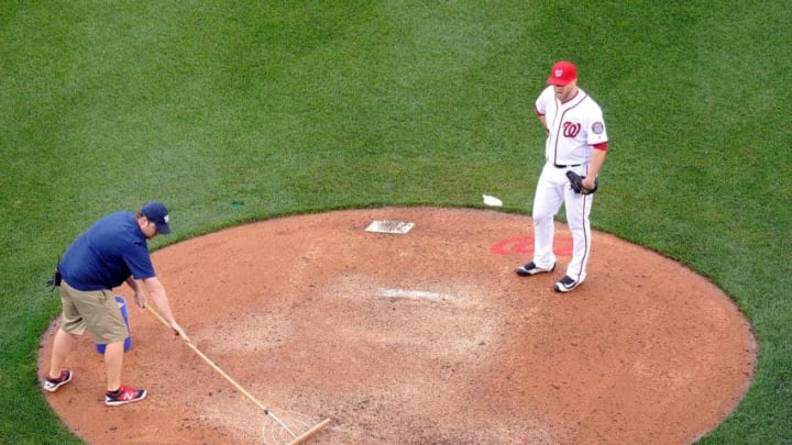 WASHINGTON, DC - MAY 14: Shawn Kelley #27 of the Washington Nationals waits for the grounds crew to prep the pitcher's mound in the eighth inning against the Miami Marlins at Nationals Park on May 14, 2016 in Washington, DC. (Photo by Greg Fiume/Getty Images)