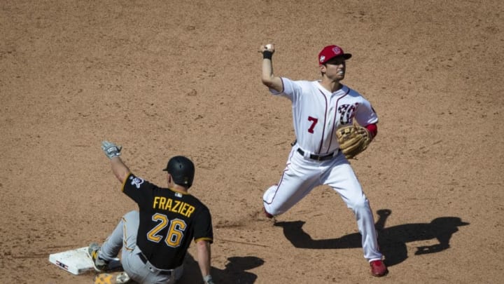 WASHINGTON, DC - MAY 03: Trea Turner #7 of the Washington Nationals retires Adam Frazier #26 of the Pittsburgh Pirates at second base during the eighth inning at Nationals Park on May 3, 2018 in Washington, DC. (Photo by Scott Taetsch/Getty Images)