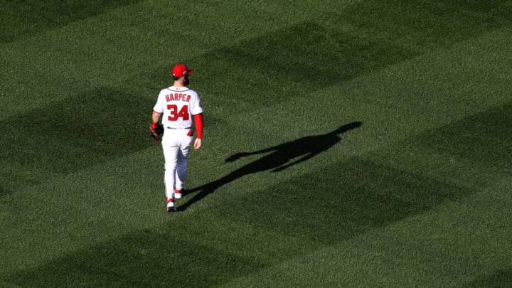 WASHINGTON, DC - SEPTEMBER 26: Bryce Harper #34 of the Washington Nationals takes the field before the start of the third inning against the Miami Marlins at Nationals Park on September 26, 2018 in Washington, DC. (Photo by Rob Carr/Getty Images)