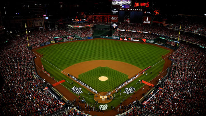 WASHINGTON, DC – OCTOBER 25: A general view during player introductions prior to Game Three of the 2019 World Series between the Houston Astros and the Washington Nationals at Nationals Park on October 25, 2019 in Washington, DC. (Photo by Will Newton/Getty Images)