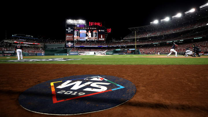 WASHINGTON, DC – OCTOBER 26: A view of the on deck circle featuring the World Series logo as Jose  Urquidy #65 of the Houston Astros pitches to Trea  Turner #7 of the Washington Nationals in Game Four of the 2019 World Series at Nationals Park on October 26, 2019 in Washington, DC. (Photo by Patrick Smith/Getty Images)