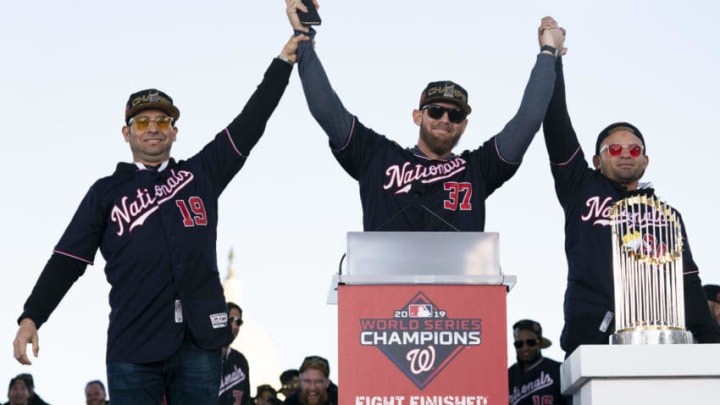 WASHINGTON, DC - NOVEMBER 02: Anibal Sanchez #19, Stephen Strasburg #37 and Gerardo Parra #88 of the Washington Nationals celebrate during a parade to celebrate the Washington Nationals World Series victory over the Houston Astros on November 2, 2019 in Washington, DC. This is the first World Series win for the Nationals in 95 years. (Photo by Patrick McDermott/Getty Images) WASHINGTON, DC - NOVEMBER 02: Anibal Sanchez #19, Stephen Strasburg #37 and Gerardo Parra #88 of the Washington Nationals celebrate during a parade to celebrate the Washington Nationals World Series victory over the Houston Astros on November 2, 2019 in Washington, DC. This is the first World Series win for the Nationals in 95 years. (Photo by Patrick McDermott/Getty Images)