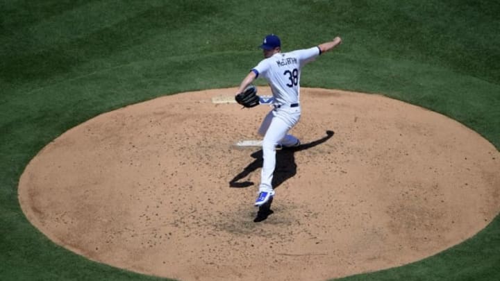 Jul 27, 2016; Los Angeles, CA, USA; Los Angeles Dodgers starting pitcher Brandon McCarthy (38) delivers a pitch against the Tampa Bay Rays during a MLB game at Dodger Stadium. The Rays defeated the Dodgers 3-1. Mandatory Credit: Kirby Lee-USA TODAY Sports
