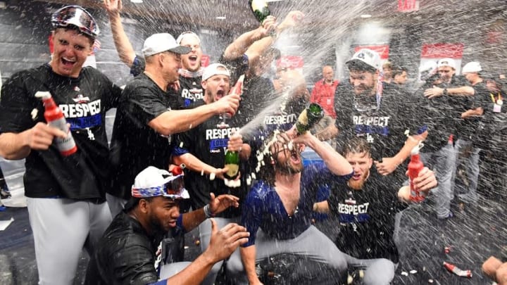 Oct 13, 2016; Washington, DC, USA; The Los Angeles Dodgers celebrate after game five of the 2016 NLDS playoff baseball game against the Washington Nationals at Nationals Park. The Los Angeles Dodgers won 4-3. Mandatory Credit: Brad Mills-USA TODAY Sports
