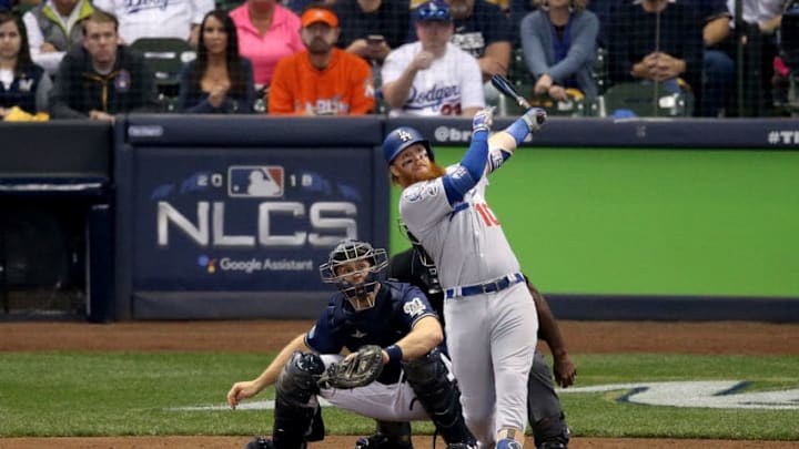 MILWAUKEE, WI - OCTOBER 13: Justin Turner #10 of the Los Angeles Dodgers hits a two run home run against Jeremy Jeffress #32 of the Milwaukee Brewers during the eighth inning in Game Two of the National League Championship Series at Miller Park on October 13, 2018 in Milwaukee, Wisconsin. (Photo by Dylan Buell/Getty Images) MILWAUKEE, WI - OCTOBER 13: Justin Turner #10 of the Los Angeles Dodgers hits a two run home run against Jeremy Jeffress #32 of the Milwaukee Brewers during the eighth inning in Game Two of the National League Championship Series at Miller Park on October 13, 2018 in Milwaukee, Wisconsin. (Photo by Dylan Buell/Getty Images)