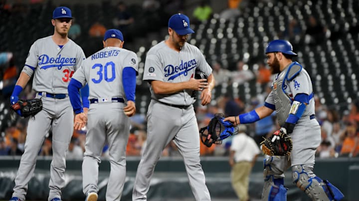 BALTIMORE, MD - SEPTEMBER 12: Rich Hill #44 of the Los Angeles Dodgers is pulled by manager Dave Roberts #30 during the first inning against the Baltimore Orioles at Oriole Park at Camden Yards on September 12, 2019 in Baltimore, Maryland. (Photo by Will Newton/Getty Images) BALTIMORE, MD - SEPTEMBER 12: Rich Hill #44 of the Los Angeles Dodgers is pulled by manager Dave Roberts #30 during the first inning against the Baltimore Orioles at Oriole Park at Camden Yards on September 12, 2019 in Baltimore, Maryland. (Photo by Will Newton/Getty Images)