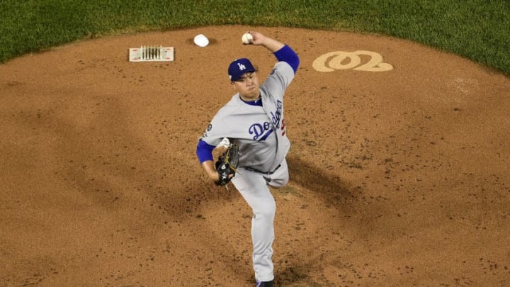 WASHINGTON, DC - OCTOBER 06: Hyun-Jin Ryu #99 of the Los Angeles Dodgers pitches in the first inning against the Washington Nationals in Game 3 of the NLDS at Nationals Park on October 6, 2019 in Washington, DC. (Photo by Patrick McDermott/Getty Images)