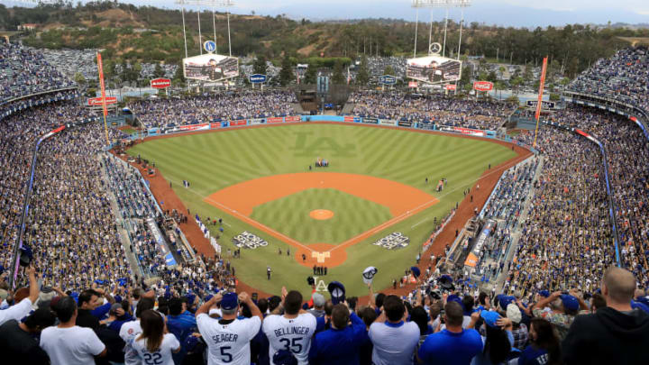 LOS ANGELES, CA - NOVEMBER 01: A general view during the national anthem before game seven of the 2017 World Series at Dodger Stadium on November 1, 2017 in Los Angeles, California. (Photo by Sean M. Haffey/Getty Images)