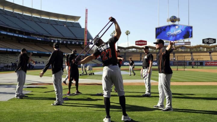 LOS ANGELES CA - APRIL 27: Giancarlo Stanton