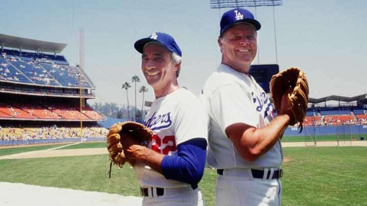 LOS ANGELES, CA – JULY 1983 : Sandy Kaufax and Don Drysdale pose during an Old Timers Game at Dodger Stadium, Los Angeles, California. (Photo by Jayne Kamin-Oncea/Getty Images)