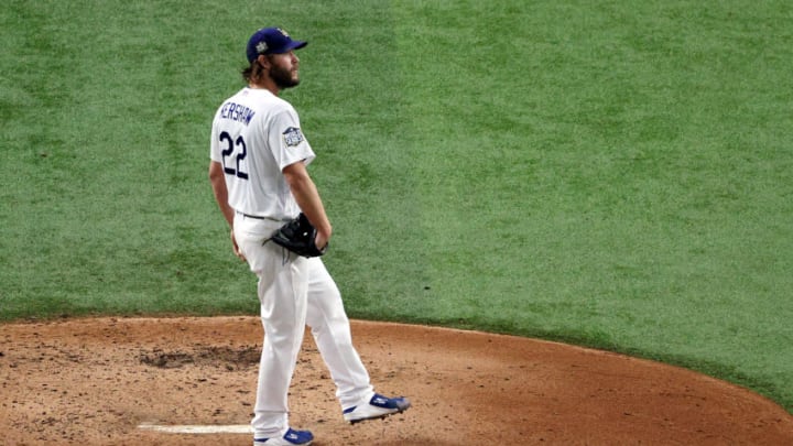 ARLINGTON, TEXAS - OCTOBER 20: Clayton Kershaw #22 of the Los Angeles Dodgers reacts after allowing a solo home run against the Tampa Bay Rays during the fifth inning in Game One of the 2020 MLB World Series at Globe Life Field on October 20, 2020 in Arlington, Texas. (Photo by Sean M. Haffey/Getty Images)
