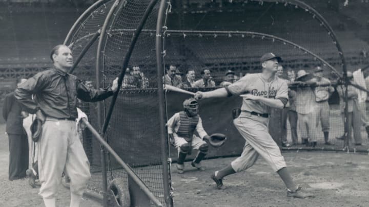 BROOKLYN, NY - 1942: Brooklyn Dodgers manager Leo Durocher observing batting practice at Ebbets Field in March, 1942. (Sports Studio Photos/Getty Images)