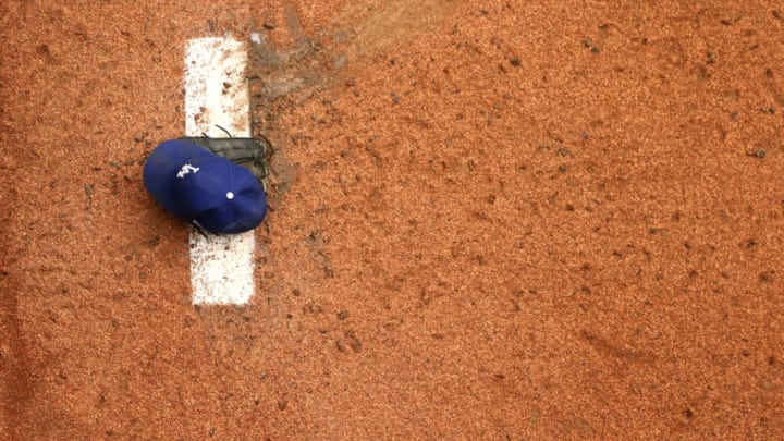 SEATTLE, WASHINGTON - AUGUST 20: A general view of the hat worn by Clayton Kershaw #22 of the Los Angeles Dodgers in the bullpen before their game against the Seattle Mariners at T-Mobile Park on August 20, 2020 in Seattle, Washington. (Photo by Abbie Parr/Getty Images)