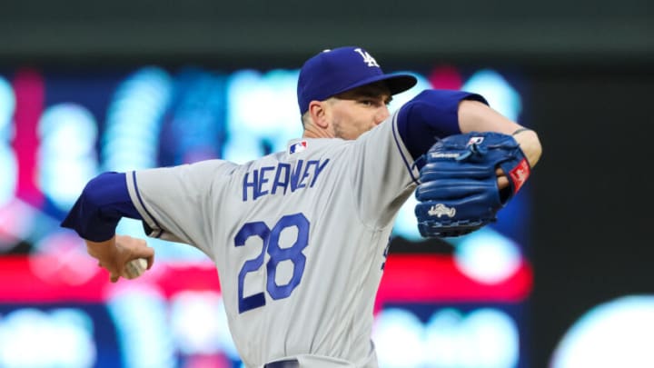 MINNEAPOLIS, MN - APRIL 12: Andrew Heaney #28 of the Los Angeles Dodgers delivers a pitch against the Minnesota Twins in the first inning of the game at Target Field on April 12, 2022 in Minneapolis, Minnesota. (Photo by David Berding/Getty Images)