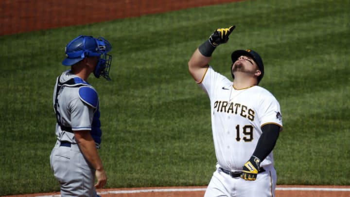 PITTSBURGH, PA - MAY 11: Daniel Vogelbach #19 of the Pittsburgh Pirates reacts after hitting a solo home run in the seventh inning against the Los Angeles Dodgers during the game at PNC Park on May 11, 2022 in Pittsburgh, Pennsylvania. (Photo by Justin K. Aller/Getty Images)