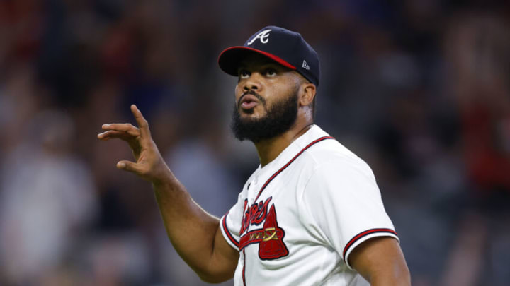 ATLANTA, GA - JUNE 25: Kenley Jansen #74 of the Atlanta Braves reacts at the conclusion of the 5-3 victory over the Los Angeles Dodgers at Truist Park on June 25, 2022 in Atlanta, Georgia. (Photo by Todd Kirkland/Getty Images)