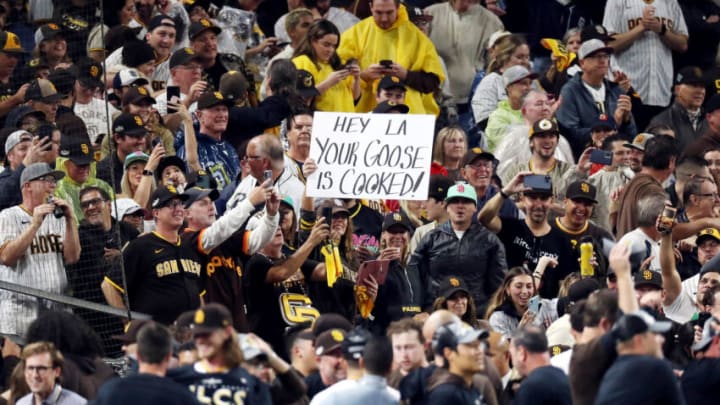 SAN DIEGO, CALIFORNIA - OCTOBER 15: San Diego Padres fans hold a sign after the San Diego Padres defeated the Los Angeles Dodgers 5-3 in game four of the National League Division Series at PETCO Park on October 15, 2022 in San Diego, California. (Photo by Denis Poroy/Getty Images)