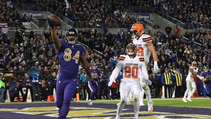 Nov 10, 2016; Baltimore, MD, USA; Baltimore Ravens wide receiver Chris Matthews (84) celebrates after scoring a touchdown in front of Cleveland Browns cornerback Briean Boddy-Calhoun (20) during the third quarter at M&T Bank Stadium. Mandatory Credit: Tommy Gilligan-USA TODAY Sports