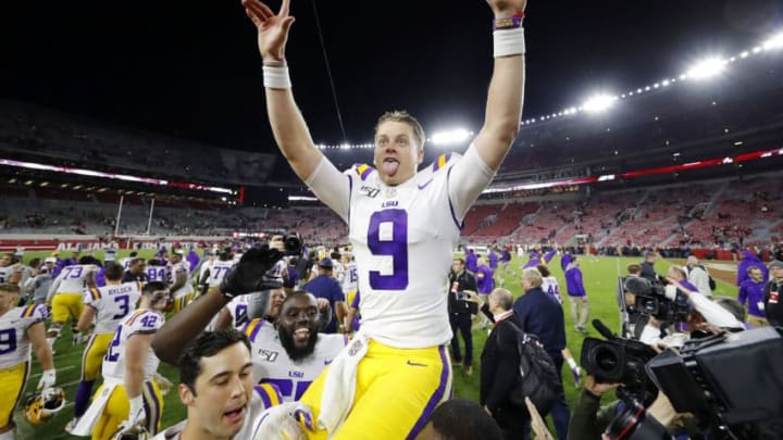 TUSCALOOSA, ALABAMA - NOVEMBER 09: Joe Burrow #9 of the LSU Tigers celebrates defeating the Alabama Crimson Tide 46-41 at Bryant-Denny Stadium on November 09, 2019 in Tuscaloosa, Alabama. (Photo by Kevin C. Cox/Getty Images)