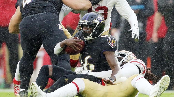 BALTIMORE, MARYLAND – DECEMBER 01: De’Anthony Thomas #16 of the Baltimore Ravens is tackled during the first half against the San Francisco 49ers at M&T Bank Stadium on December 01, 2019 in Baltimore, Maryland. (Photo by Patrick Smith/Getty Images)