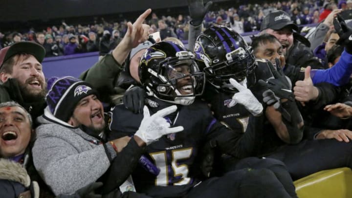 BALTIMORE, MARYLAND - DECEMBER 12: Wide receiver Marquise Brown #15 of the Baltimore Ravens and running back Mark Ingram #21 celebrate after a touchdown during the third quarter against the New York Jets at M&T Bank Stadium on December 12, 2019 in Baltimore, Maryland. (Photo by Todd Olszewski/Getty Images)