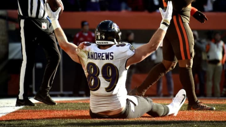 CLEVELAND, OHIO - DECEMBER 22: Mark Andrews #89 of the Baltimore Ravens celebrates after scoring a touchdown against the Cleveland Browns during the second quarter in the game at FirstEnergy Stadium on December 22, 2019 in Cleveland, Ohio. (Photo by Jason Miller/Getty Images)