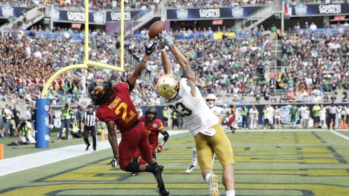 ORLANDO, FL – DECEMBER 28: Datrone Young #2 of the Iowa State Cyclones defends a pass in the end zone against Chase Claypool #83 of the Notre Dame Fighting Irish in the second half of the Camping World Bowl at Camping World Stadium on December 28, 2019, in Orlando, Florida. Notre Dame defeated Iowa State 33-9. (Photo by Joe Robbins/Getty Images)