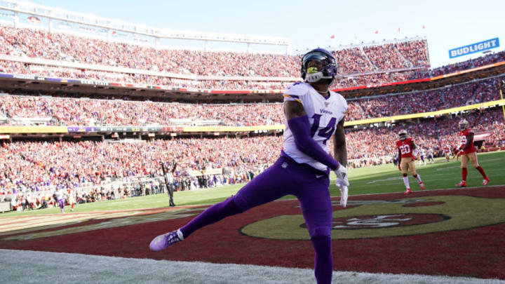 SANTA CLARA, CALIFORNIA - JANUARY 11: Stefon Diggs #14 of the Minnesota Vikings celebrates after a 41-yard touchdown against the San Francisco 49ers in the first quarter of the NFC Divisional Round Playoff game at Levi's Stadium on January 11, 2020 in Santa Clara, California. (Photo by Thearon W. Henderson/Getty Images)