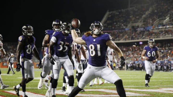 CANTON, OH - AUGUST 02: Hayden Hurst #81 of the Baltimore Ravens reacts after a touchdown reception against the Chicago Bears in the third quarter of the Hall of Fame Game at Tom Benson Hall of Fame Stadium on August 2, 2018 in Canton, Ohio. (Photo by Joe Robbins/Getty Images)