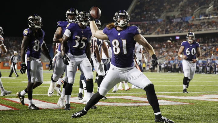 CANTON, OH – AUGUST 02: Hayden Hurst #81 of the Baltimore Ravens reacts after a touchdown reception against the Chicago Bears in the third quarter of the Hall of Fame Game at Tom Benson Hall of Fame Stadium on August 2, 2018 in Canton, Ohio. (Photo by Joe Robbins/Getty Images)