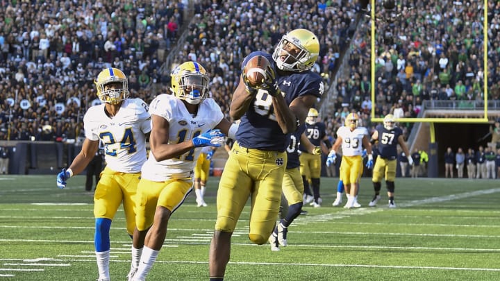 SOUTH BEND, IN – OCTOBER 13: Miles Boykin #81 of the Notre Dame Fighting Irish catches a touchdown pass against Dane Jackson #11 of the Pittsburgh Panthers to take the lead in the second half at Notre Dame Stadium on October 13, 2018 in South Bend, Indiana. (Photo by Quinn Harris/Getty Images)