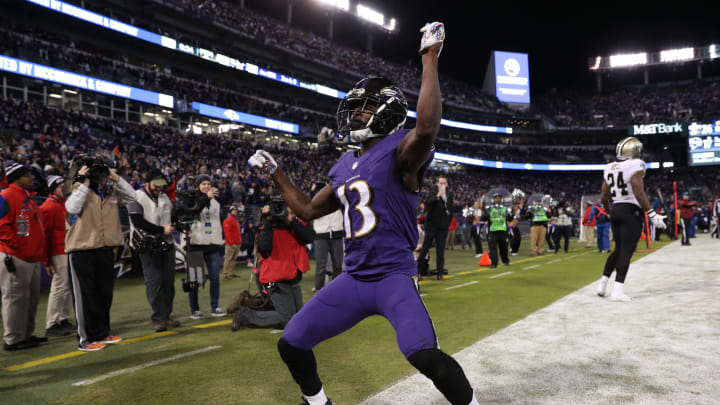 BALTIMORE, MD – OCTOBER 21: Wide Receiver John Brown #13 of the Baltimore Ravens celebrates after a touchdown in the fourth quarter against the New Orleans Saints at M&T Bank Stadium on October 21, 2018 in Baltimore, Maryland. (Photo by Patrick Smith/Getty Images)