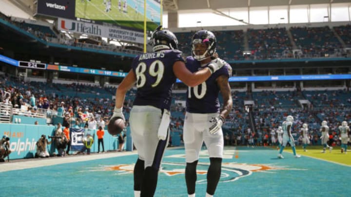 MIAMI, FLORIDA – SEPTEMBER 08: Mark Andrews #89 of the Baltimore Ravens celebrates with Chris Moore #10 after a touchdown reception against the Miami Dolphins during the fourth quarter at Hard Rock Stadium on September 08, 2019 in Miami, Florida. (Photo by Michael Reaves/Getty Images)