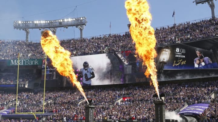 BALTIMORE, MARYLAND - SEPTEMBER 15: Quarterback Lamar Jackson #8 of the Baltimore Ravens takes the field prior to the game against the Arizona Cardinals at M&T Bank Stadium on September 15, 2019 in Baltimore, Maryland. (Photo by Todd Olszewski/Getty Images)