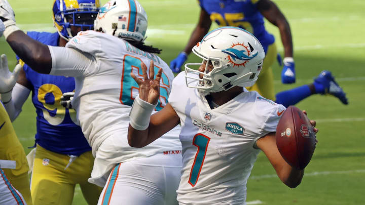 MIAMI GARDENS, FL – NOVEMBER 1: Tua Tagovailoa #1 of the Miami Dolphins throws the ball against the Los Angeles Rams during an NFL game on November 1, 2020, at Hard Rock Stadium in Miami Gardens, Florida. (Photo by Joel Auerbach/Getty Images) The Dolphins defeated the Rams 28-17.