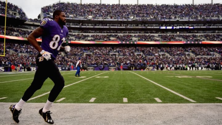 BALTIMORE, MD - DECEMBER 14: Wide receiver Torrey Smith #82 of the Baltimore Ravens takes the field for a game against the Jacksonville Jaguars at M&T Bank Stadium on December 14, 2014 in Baltimore, Maryland. (Photo by Patrick Smith/Getty Images)