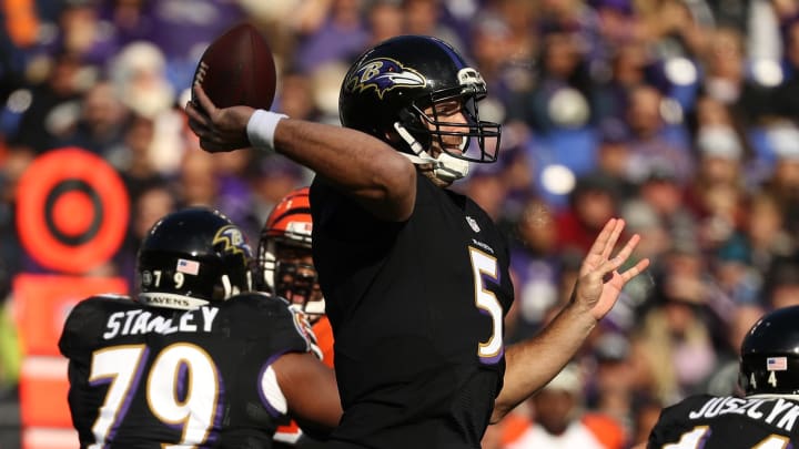 BALTIMORE, MD – NOVEMBER 27: Quarterback Joe Flacco #5 of the Baltimore Ravens passes the ball while teammate offensive tackle Ronnie Stanley #79 blocks against the Cincinnati Bengals in the first quarter at M&T Bank Stadium on November 27, 2016 in Baltimore, Maryland. (Photo by Patrick Smith/Getty Images)
