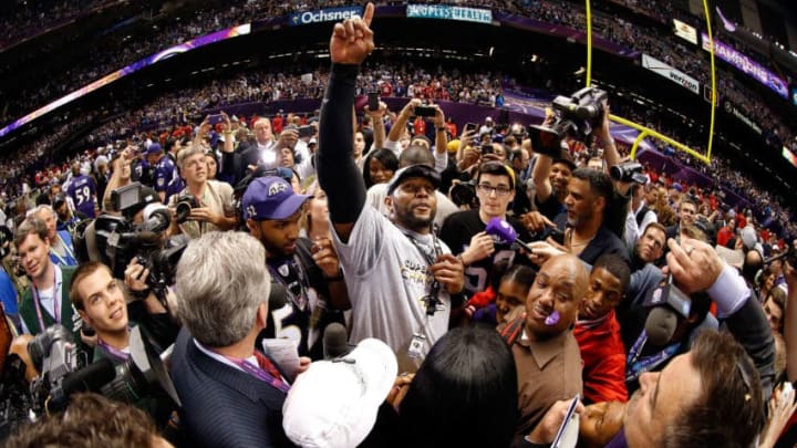 NEW ORLEANS, LA - FEBRUARY 03: Ray Lewis #52 of the Baltimore Ravens celebrates after the Ravens won 34-31 against the San Francisco 49ers during Super Bowl XLVII at the Mercedes-Benz Superdome on February 3, 2013 in New Orleans, Louisiana. (Photo by Chris Graythen/Getty Images)