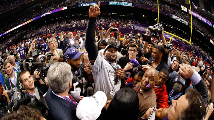 NEW ORLEANS, LA – FEBRUARY 03: Ray Lewis #52 of the Baltimore Ravens celebrates after the Ravens won 34-31 against the San Francisco 49ers during Super Bowl XLVII at the Mercedes-Benz Superdome on February 3, 2013 in New Orleans, Louisiana. (Photo by Chris Graythen/Getty Images)