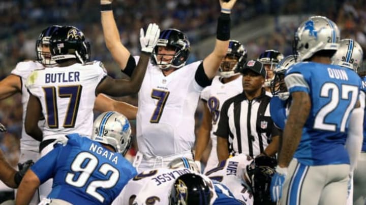 BALTIMORE, MD – AUGUST 27: Quarterback Ryan Mallett #7 of the Baltimore Ravens celebrates a second quarter touchdown against the Detroit Lions in their preseason game at M&T Bank Stadium on August 27, 2016 in Baltimore, Maryland. (Photo by Patrick Smith/Getty Images)