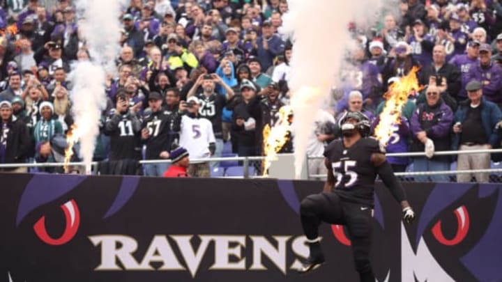 BALTIMORE, MD – DECEMBER 18: Outside linebacker Terrell Suggs #55 of the Baltimore Ravens is introduced prior to a game against the Philadelphia Eagles at M&T Bank Stadium on December 18, 2016 in Baltimore, Maryland. (Photo by Patrick Smith/Getty Images)